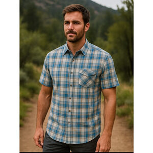 KUHL Karib Short Sleeve Shirt XL Blue Tan Plaid Outdoor Hiking Travel Lightweigh